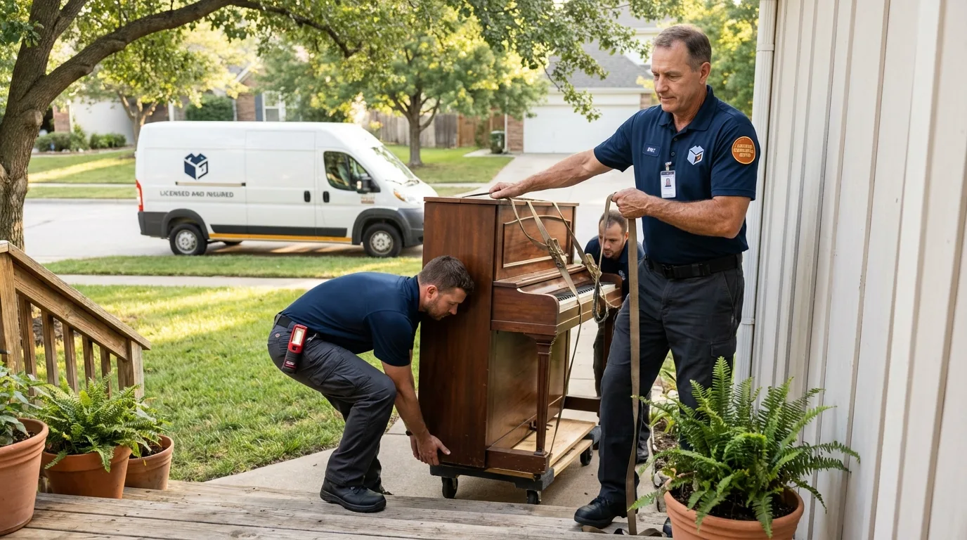 Licensed piano movers securing grand piano in Fairfield, CA